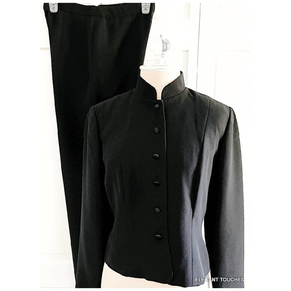 Donna Morgan Petite Jacket Top Pant Suit 4P Black Solid Polyester Lined 2pc Set